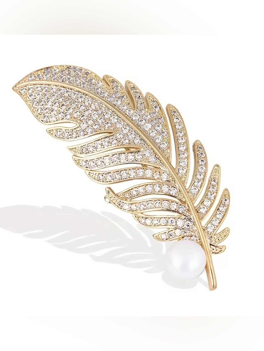 Gold Tone Feather Pearl Brooch
